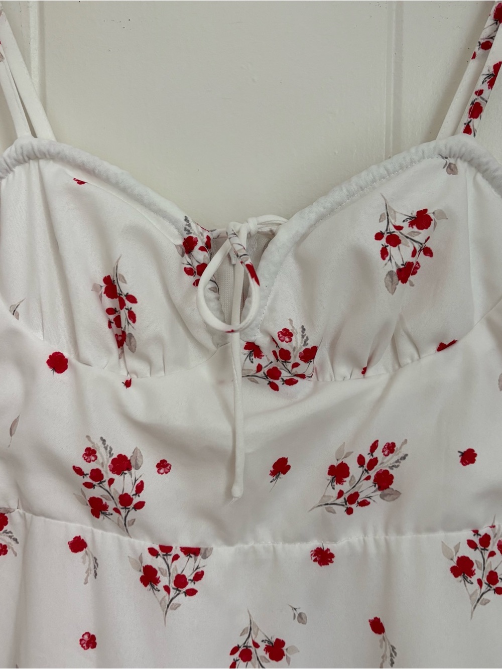 White Spaghetti Strap Mini Dress with Red Floral Print - Picture 3 of 6